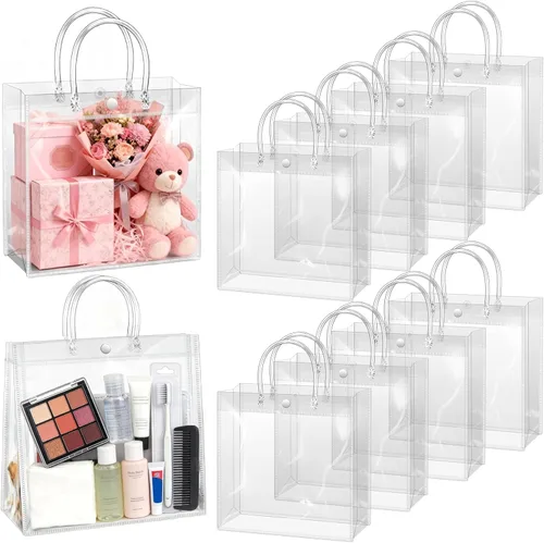 Miniatura 14 de BadenBach 16 bolsas de regalo transparentes con asas, 9.8 x 9.8 x 3.5 pulgadas, bolsa de plástico transparente para fiesta, bolsa de regalo