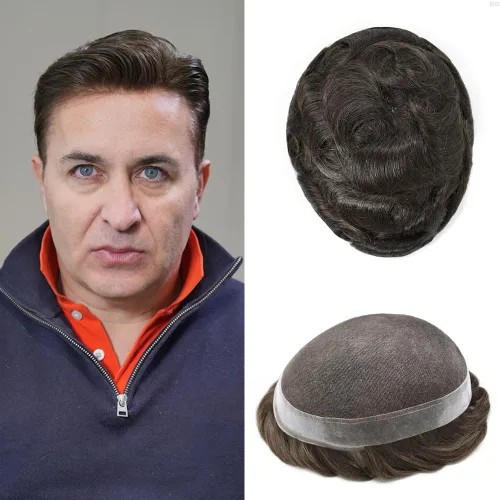 Miniatura 105 de Toupee para hombres Sistema de reemplazo de cabello humano real pieza de cabello humano para hombres encaje suizo para hombre Toupee Hair Pieces