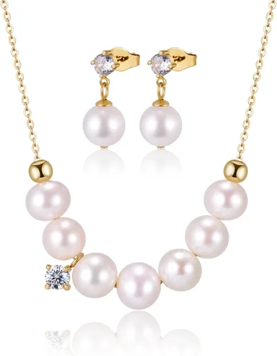 Juego de joyas de oro para mujer, collar y aretes de perlas de agua dulce para bodas, novias, damas de honor, regalo de cumpleaños de 16.5 pulgadas
