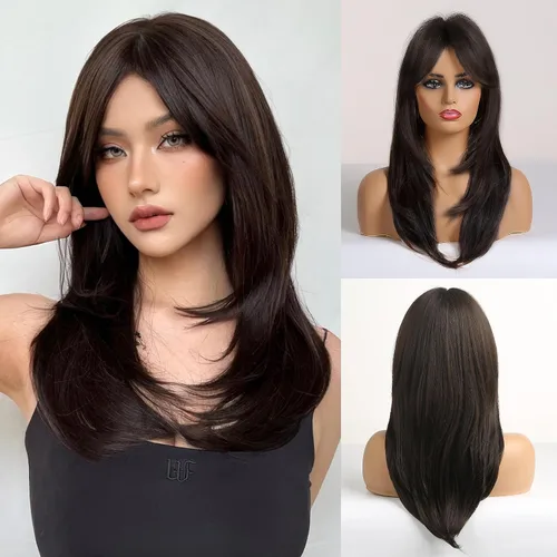 HAIRCUBE Pelucas largas de color marrón oscuro con reflejos para mujer, peluca de pelo sintético rizado ondulado para uso diario