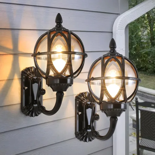 Paquete de 2 lámparas de pared para exteriores, apliques de porche, iluminación montada en la pared con enchufes E26 y pantallas de vidrio, modernas