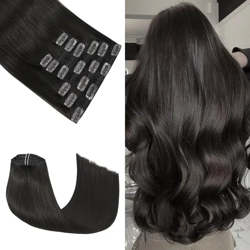 Miniatura 35 de Honsoo Extensiones de cabello humano real de color marrón con pinzas, marrón castaño, 15 pulgadas, 70 g, 7 unidades, cabello lacio sedoso y marrón