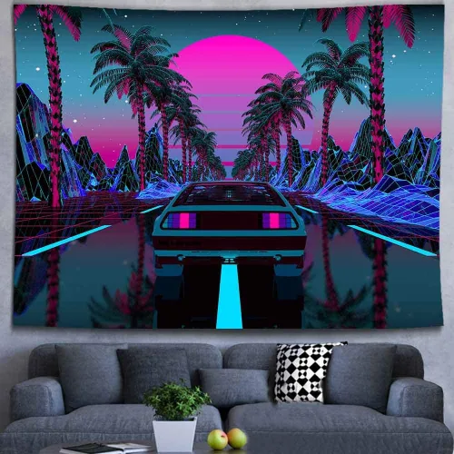 Miniatura 6 de Ine Ive Tapiz de coche de los años 80, escena urbana de la calle, palmeras, puesta de sol, cielo estrellado, tapiz de pared punk, 40 x 30 pulgadas