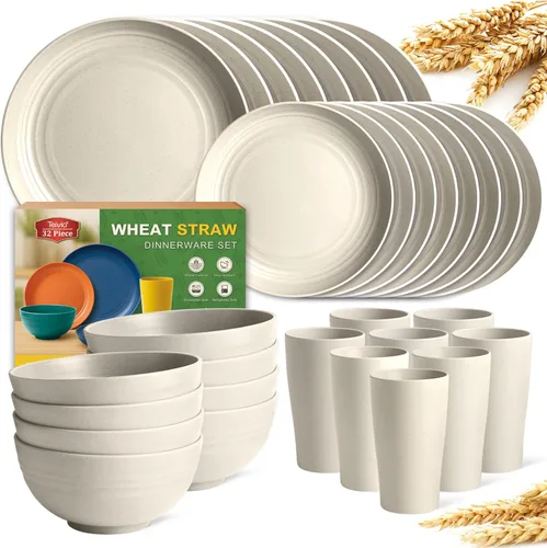 Miniatura 19 de Teivio - Juego de vajilla de paja de trigo de 32 piezas para cocina, juego de platos de plástico irrompible, servicio para 8, juego moderno de Negro