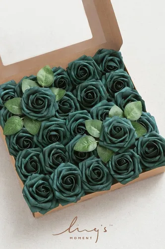 Miniatura 6 de Ling’s Moment - Flores Artificiales, 50 piezas, Rosas Verde Pavo Real con Tallos, 3" de Tacto Real, Espuma DIY para Ramilletes de Boda/Centros