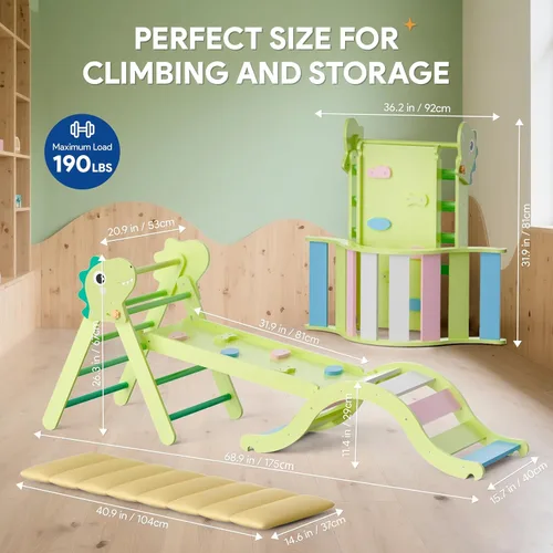 Miniatura 3 de Pikler - Juego de triángulos con cojín, juguetes de escalada 9 en 1 para niños pequeños en el interior, juguetes de escalada de madera plegables