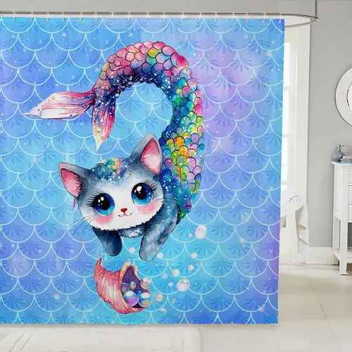 Miniatura 32 de Cortina de ducha con diseño de peces para niños, juego de cortina de ducha con diseño de anzuelo de pez, decoración de animales marinos, granja