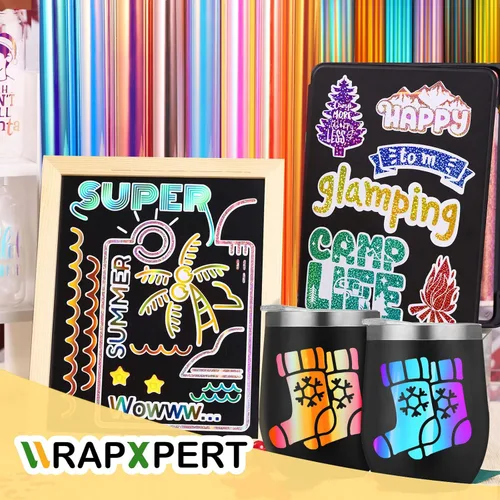 Miniatura 6 de WRAPXPERT Paquete de 35 hojas de adhesivo holográfico permanente, 24 hojas de vinilo de 12 x 12 pulgadas, 6 papel de transferencia de rejilla y 5