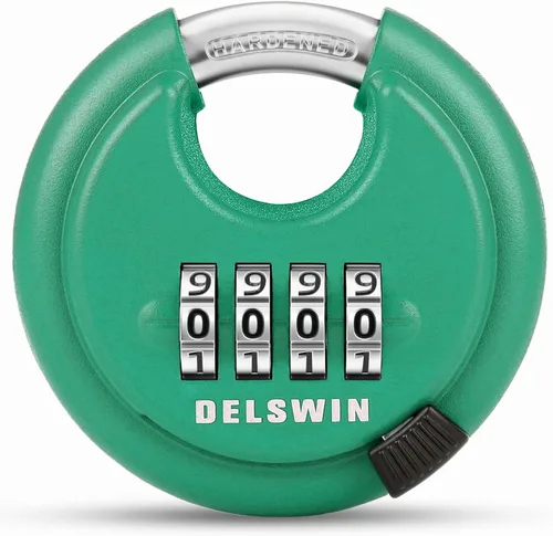 Miniatura 14 de DELSWIN Cerradura de combinación de disco de 4 dígitos para exteriores, candados de combinación resistentes con grillete de acero endurecido Negro 2