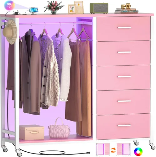 Miniatura 8 de Cyclysio Cómoda con estante para colgar, 5 cajones de tela con perchero, cómoda de almacenamiento superior de madera con estación de carga y luces