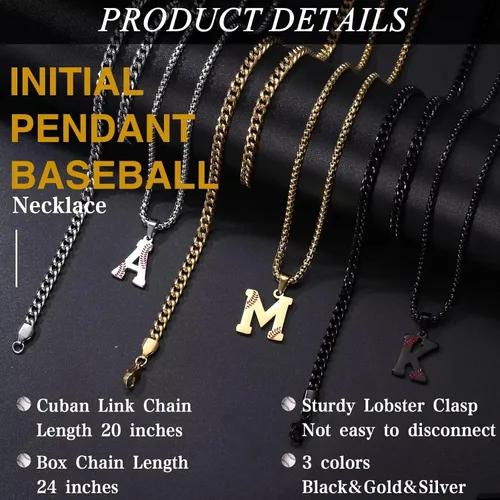 Miniatura 6 de STORUP Collares de béisbol para niños y hombres, de acero inoxidable en capas plateadas, doradas, negras, iniciales, collares de béisbol para niños