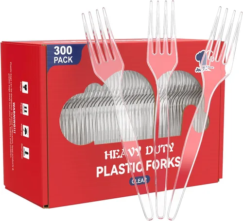 Miniatura 13 de JOLLY CHEF Juego de 300 cubiertos de plástico transparente, 100 tenedores, 100 cucharas, 100 cuchillos, juego de cubiertos de plástico desechables