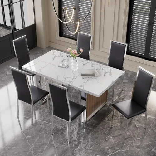 Miniatura 6 de Juego de 6 sillas modernas de comedor - Piel sintética negra con patas de metal cromado plateado, diseño de respaldo alto curvo y acolchado tipo