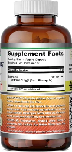 Miniatura 5 de Amazing Formulas Bromelain 500mg 2400 GDU, 60 cápsulas vegetarianas Sin OMG Sin gluten Fabricado en Estados Unidos Ideal para vegetarianos