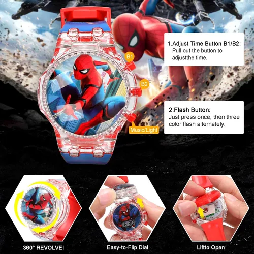 Miniatura 4 de Tawekel Spider-Man - Reloj de música luminoso, esfera giratoria, reloj digital de dibujos animados, regalo de San Valentín para niños y niñas