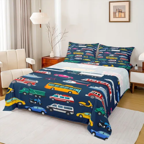 Miniatura 30 de Erosebridal Juego de sábanas de automóvil de dibujos animados para niños, juego de ropa de cama de camiones, tamaño individual, sábana bajera
