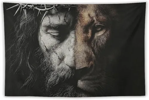 Miniatura 11 de JYOUQOC Tapiz de Jesús y el León para decoración de pared, arte de pared grande, telón de fondo para colgar para dormitorio, sala de estar