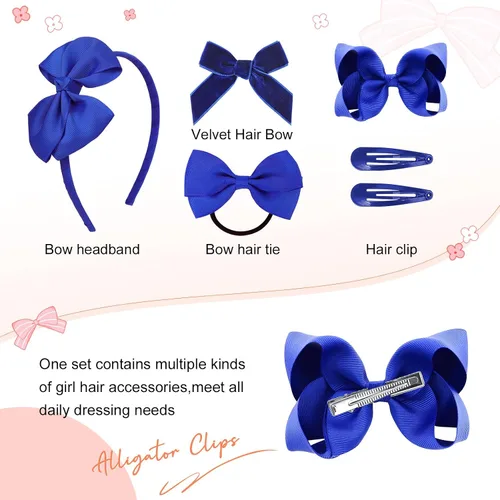 Miniatura 2 de DEEKA Juego de 15 accesorios para el cabello, color azul real, lazos para el cabello, clips, diadema, lazos para niñas pequeñas y escolares