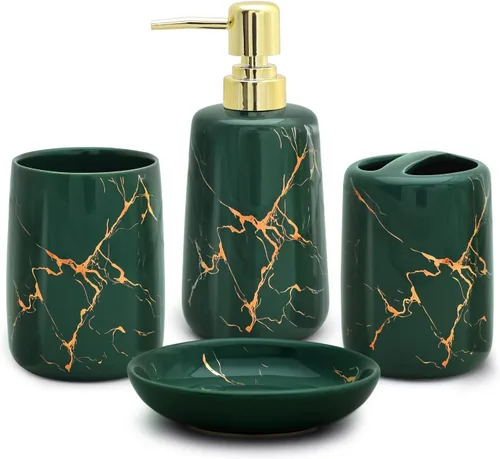 Miniatura 11 de CERBIOR Juego de accesorios de baño, 4 piezas de accesorios de cerámica para decoración de baño, incluye soporte para cepillos de dientes, taza