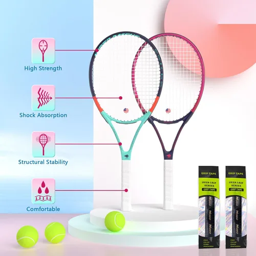 Miniatura 2 de Raqueta de tenis para 2 jugadores adultos, perfecta para principiantes y jugadores profesionales, raqueta de tenis de velocidad de 27", incluye Azul