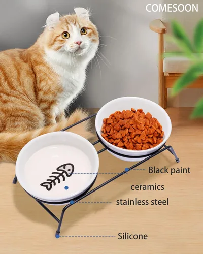 Miniatura 8 de Cuencos elevados antivómitos para gatos, 2 cuencos de cerámica para alimentos y agua para gatos de 13 onzas con soporte de acero inoxidable blanco