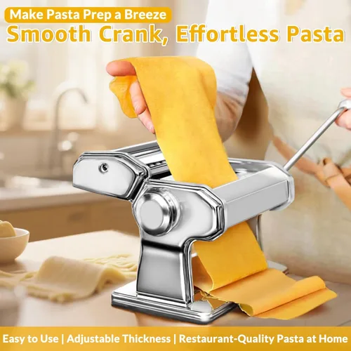 Miniatura 6 de Máquina para hacer pasta con rodillo de 7 ajustes de grosor, cortador 2 en 1, manivela y abrazadera de mesa, máquina manual de pasta de acero