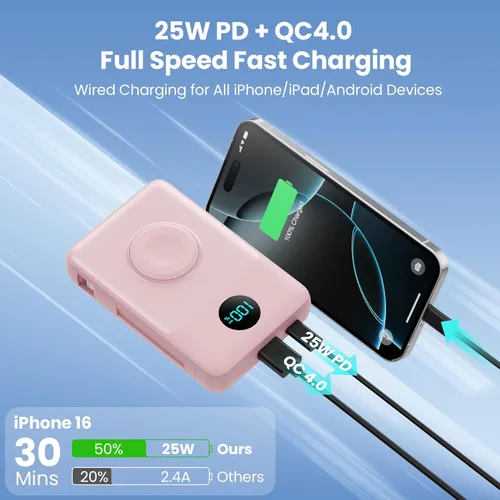 Miniatura 34 de Cargador portátil magnético de 10800 mAh para iPhone con cables integrados, cargador de batería inalámbrico 6 en 1 con cargador iWatch, pantalla LCD