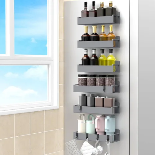 Miniatura 18 de HuggieGems Paquete de 4 organizadores magnéticos para especias para refrigerador y horno, organizadores de nevera gris claro y almacenamiento