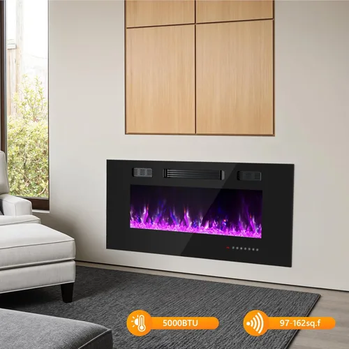 Miniatura 5 de Chimenea eléctrica de 36 pulgadas, chimenea eléctrica montada en la pared con control remoto y temporizador, chimeneas calefactoras de bajo ruido