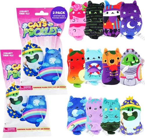 Cats vs Pickles Paquete de 2 bolsas misteriosas rellenas de frijoles de ola fucsia, rellenos de calcetines, bolsas ciegas para niñas y niños,