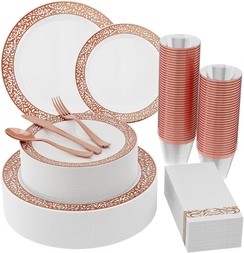 Juego de vajilla desechable de plástico color oro rosa de 210 piezas: 30 platos de cena y 30 platos de postre y 30 tazas y 30 servilletas de papel