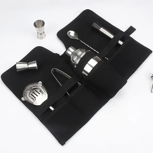 Miniatura 3 de Kit de viaje de barman de lona, correa de rollo profesional para camarero, juego de cóctel, herramientas de bar, bolsa de transporte (negro)
