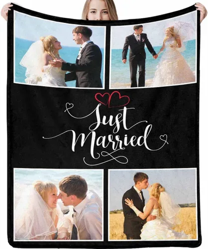 Miniatura 9 de Manta de fotos personalizada, manta de pareja de boda, con texto en inglés «He Asked And She Said Yes», 4 fotos, manta de boda, regalo romántico