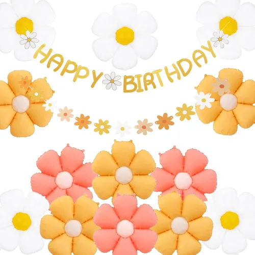 Miniatura 6 de Cartel de feliz cumpleaños con diseño de margarita para niños y adultos, decoración de fiesta de cumpleaños (azul + blanco)