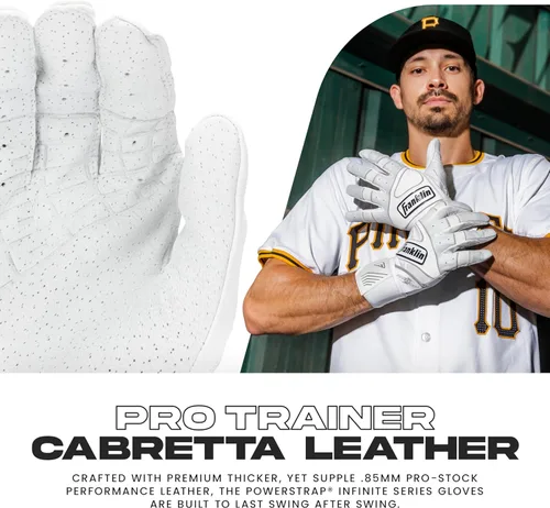 Miniatura 2 de Franklin Sports MLB - Guantes de bateo Infinite Powerstrap para béisbol + sóftbol de puño largo, para adultos y jóvenes Blanco/Dorado