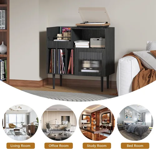 Miniatura 5 de HedoAjim Soporte grande para tocadiscos con almacenamiento de vinilo, soporte para tocadiscos con puerta acrílica, mesa auxiliar para tocadiscos