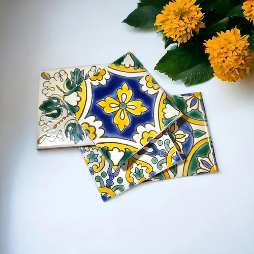 Miniatura 2 de Juego de posavasos de azulejos de cerámica pintados a mano personalizados de 4 x 4 pulgadas, disponible en juegos de 4, 6, 8, 12 y 16, ideal