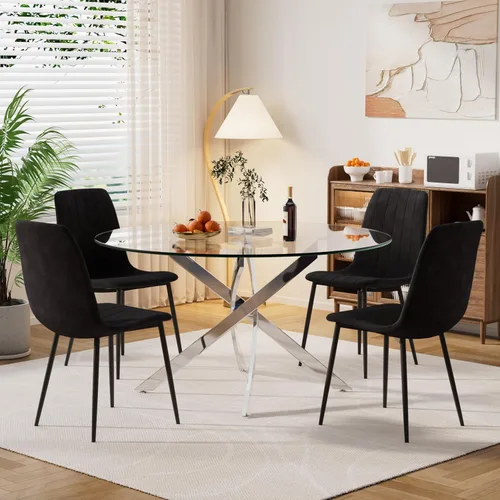 Miniatura 19 de Moderno juego de mesa redonda de vidrio para 4, 36 pulgadas, pequeña base negra de vidrio templado con 4 sillas de comedor minimalistas beige, juego