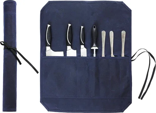 Miniatura 16 de Bolsa de rollo de cuchillo de lona encerada resistente, bolsa portátil para cuchillos de chef, duradera (verde militar)
