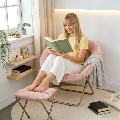 Miniatura 4 de Magshion Silla plegable para adultos con otomana, silla de lectura circular para dormitorio, sala de estar y dormitorio, asiento decorativo cómodo
