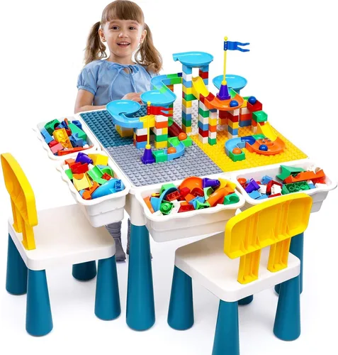OCATO Juego de mesa de actividades para niños pequeños con 152 piezas de bloques de construcción grandes de mármol todo en uno, mesas de agua, mesas