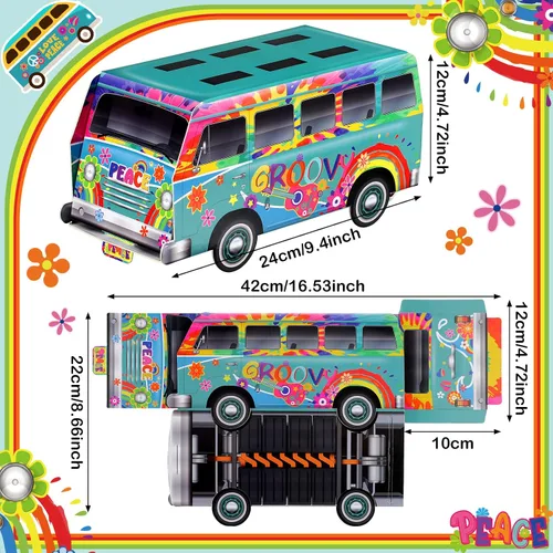 Miniatura 3 de Eersida 3 piezas de decoraciones geniales de los años 60 y 70, decoraciones de fiesta hippie de flores, paz, autobús retro, golosinas, cajas