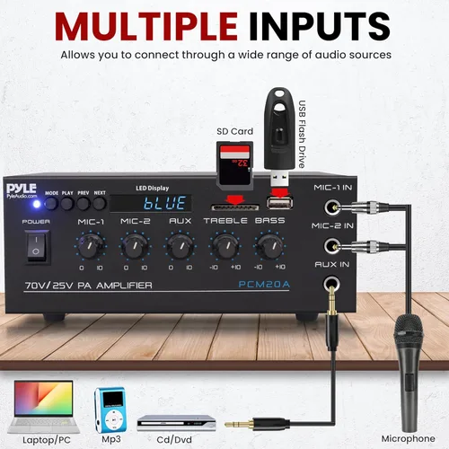 Miniatura 5 de Pyle Mini amplificador de potencia para el hogar compacto - Receptor estéreo de audio pequeño inteligente de 40 W con micrófono AUX 2 EN