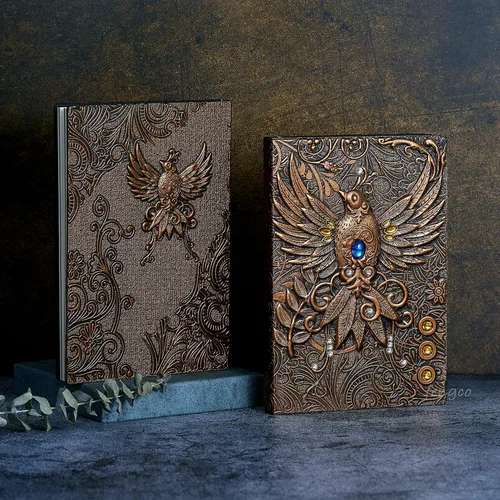Miniatura 5 de Diario de escritura vintage de piel en relieve 3D Phoenix con juego de bolígrafos dorados, tamaño A5, 200 páginas, cuaderno de bocetos antiguo hecho