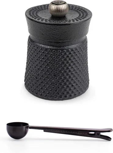 Peugeot BALI FONTE Molinillo de pimienta de hierro fundido, 3.1 in, con cuchara de especias de acero inoxidable / clip para bolsa (negro)