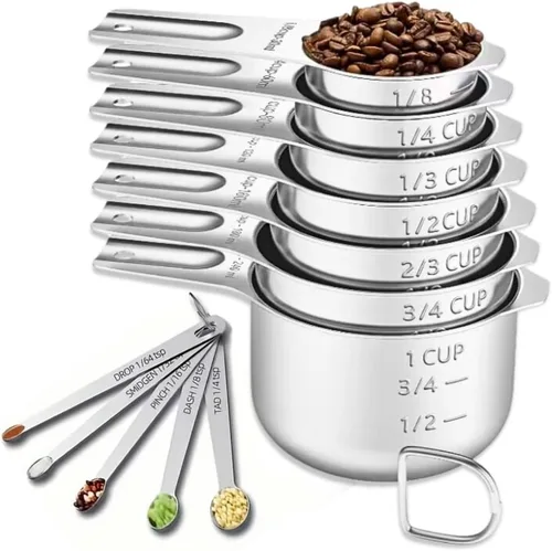 Miniatura 10 de Juego de 21 tazas y cucharas medidoras, incluye 7 tazas medidoras anidables, 9 cucharas medidoras y 5 mini cucharas, juego de medición de metal