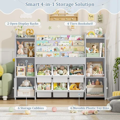 Miniatura 6 de FINETONES Organizador de almacenamiento de juguetes con 6 cubos de juguetes, organizador de juguetes para niños con 6 cubículos, organizadores