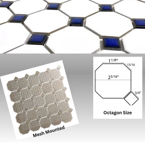 Miniatura 5 de Tenedos Mosaico de porcelana octagonal blanco mate con puntos azules cobalto brillantes, diseño italiano para suelos de baño y salpicaduras