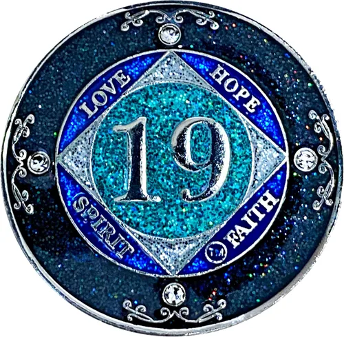 Miniatura 40 de NA 1 año de cristales y medallón de purpurina, moneda chapada en color plateado, arco iris negro, purpurina azul y cuatro cristales transparentes