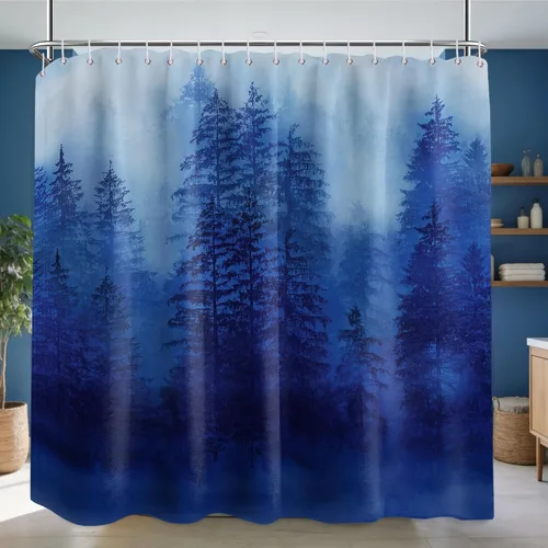 Miniatura 16 de Cortina de ducha estrecha para hombre, diseño de bosque negro y gris, para casa rodante, juego de decoración de baño, tela impermeable con ganchos
